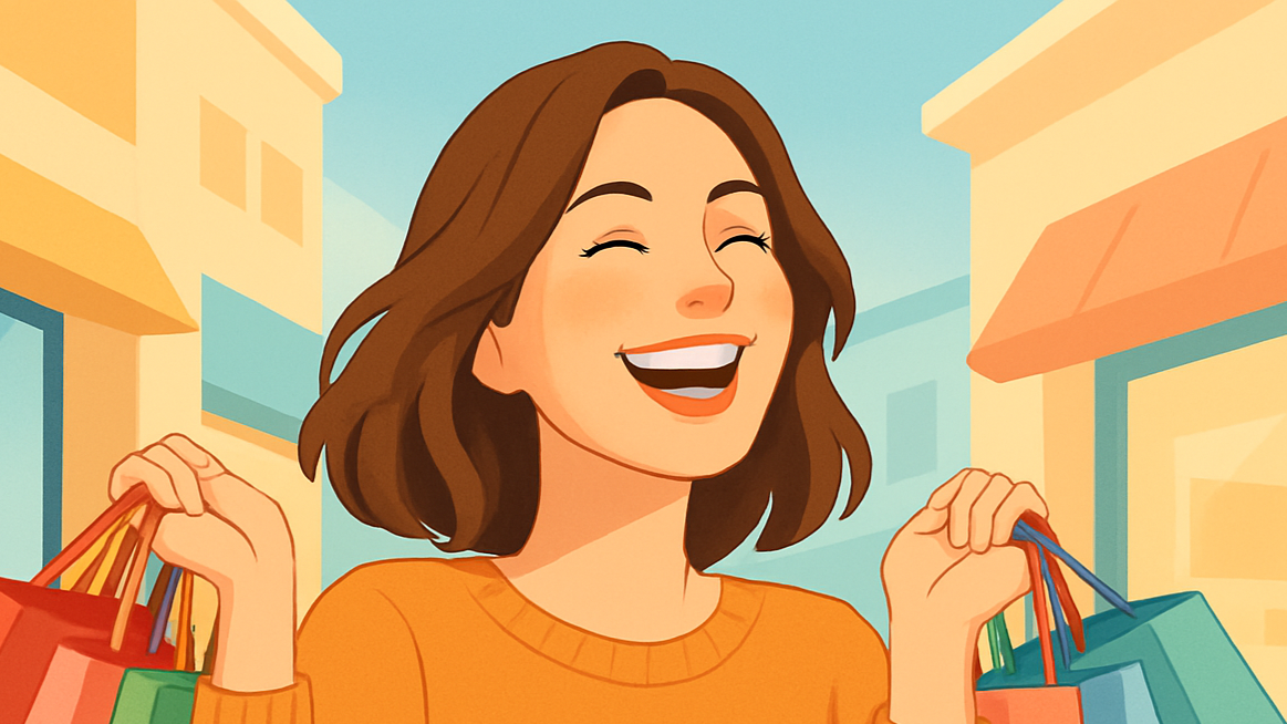 necesito una imagen en forma de banner, de una mujer feliz de haber hecho compras